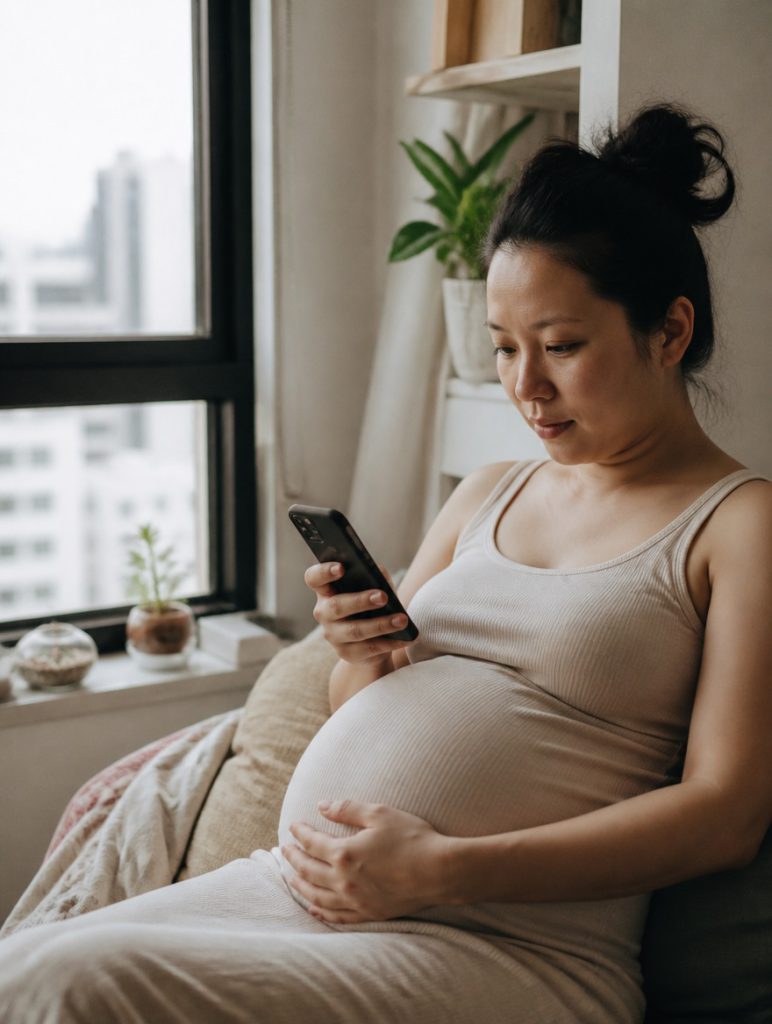 A pregnant woman resting a hand on her bump while reading on her phone by a window at home in Singapore
