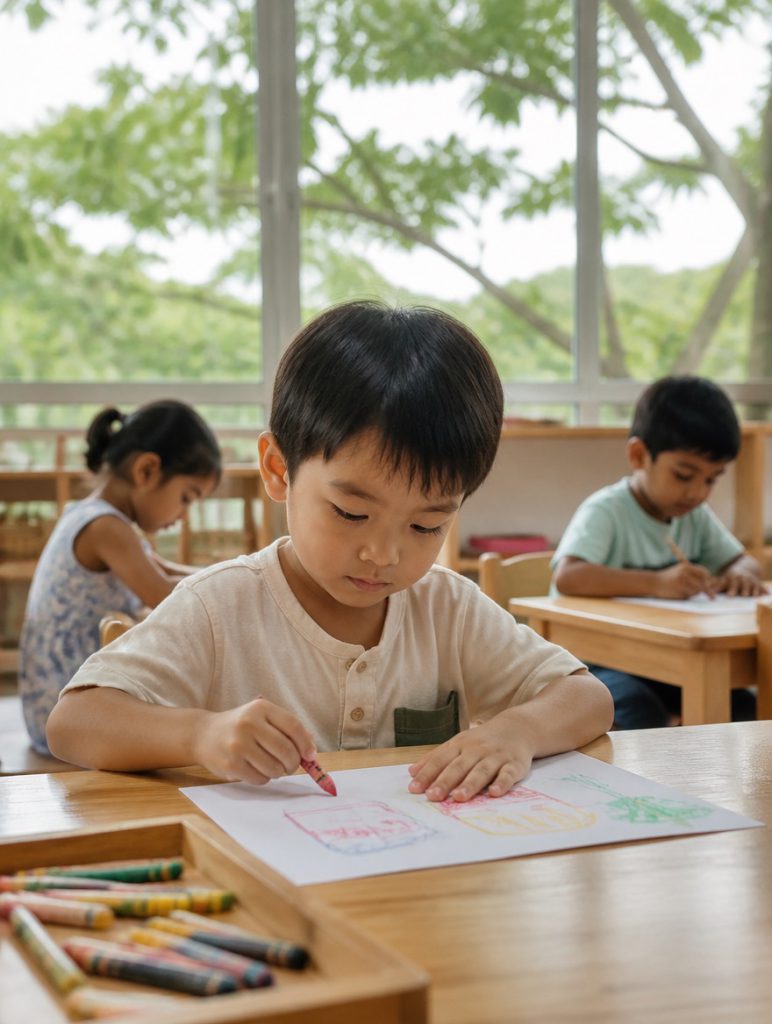 A preschooler drawing with crayons at a low table while classmates work behind