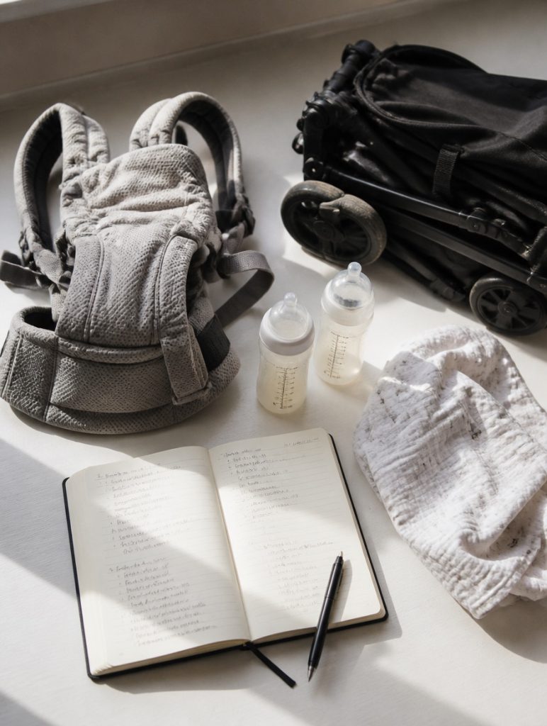 A baby carrier, bottles, folded stroller and swaddle laid out beside a notebook of handwritten test notes