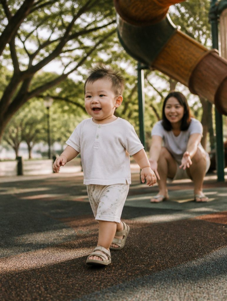 A toddler walking confidently across a shaded Singapore playground as a parent crouches nearby