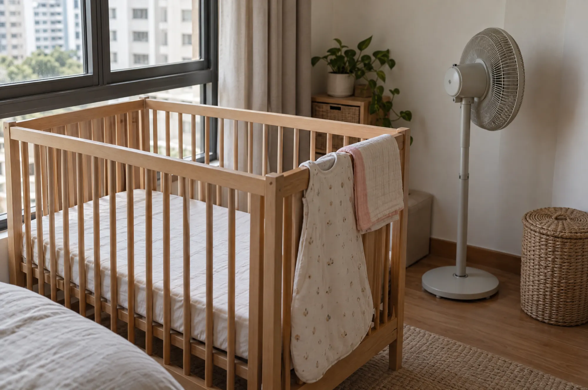 A standing fan beside a bare cot, its motor toward the cot and its blades facing the wall, with a cotton sleep bag and a muslin wrap hung over the cot rail.